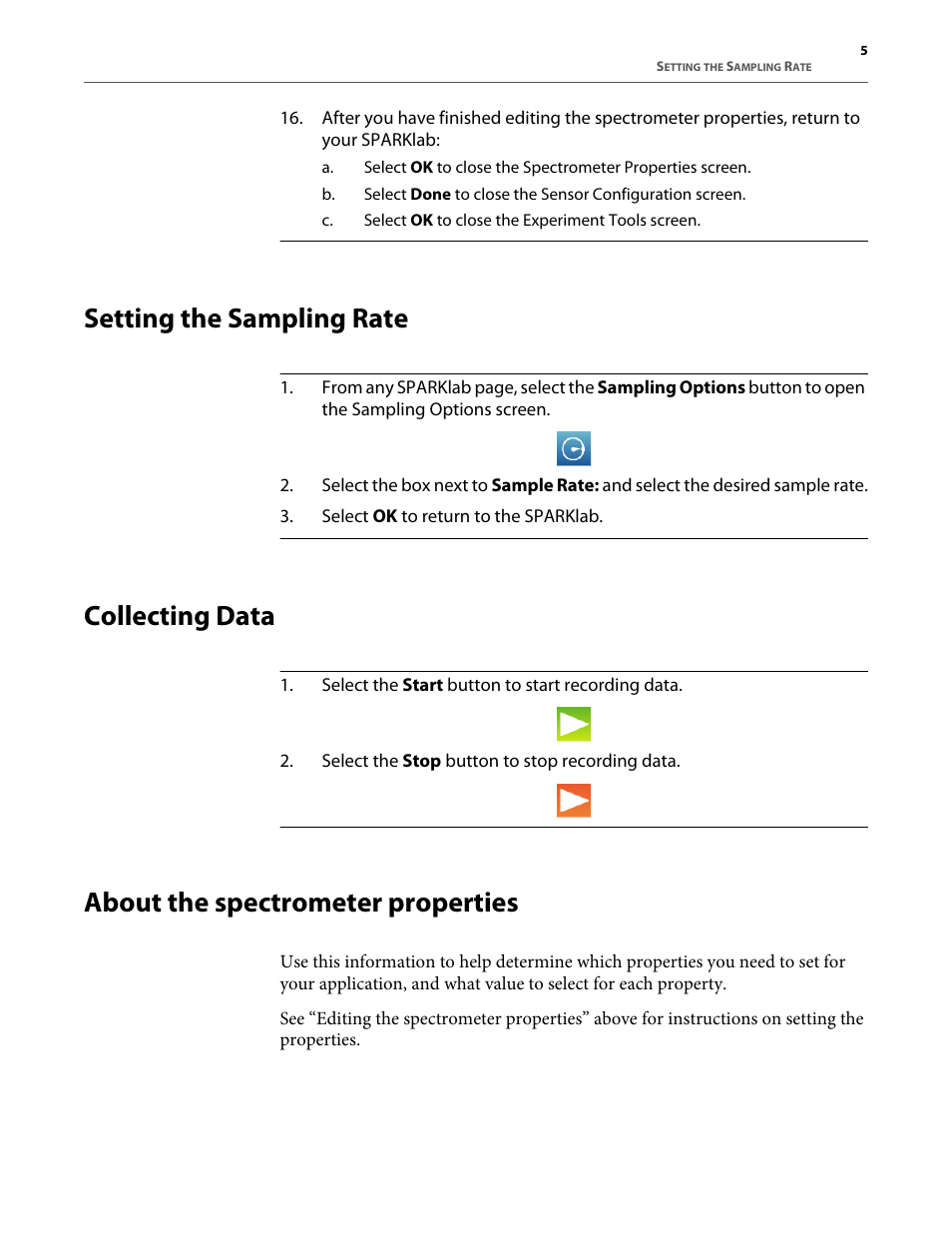 Setting the sampling rate, Collecting data, About the spectrometer properties | PASCO SE-7183 Spectrometer User Manual | Page 7 / 12