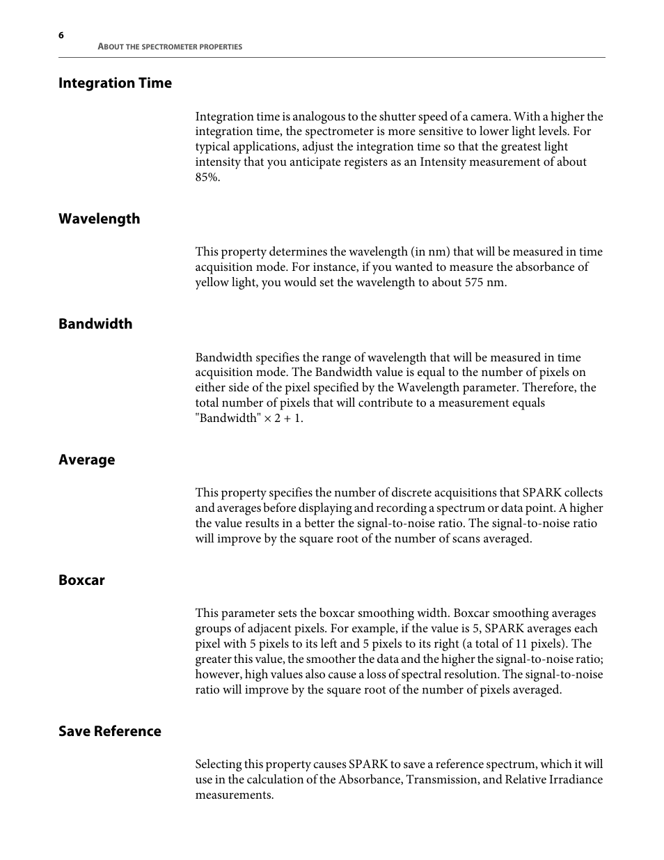 Integration time, Wavelength, Bandwidth | Average, Boxcar, Save reference | PASCO SE-7183 Spectrometer User Manual | Page 8 / 12