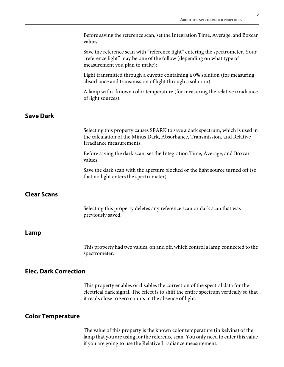 Save dark, Clear scans, Lamp | Elec. dark correction, Color temperature | PASCO SE-7183 Spectrometer User Manual | Page 9 / 12