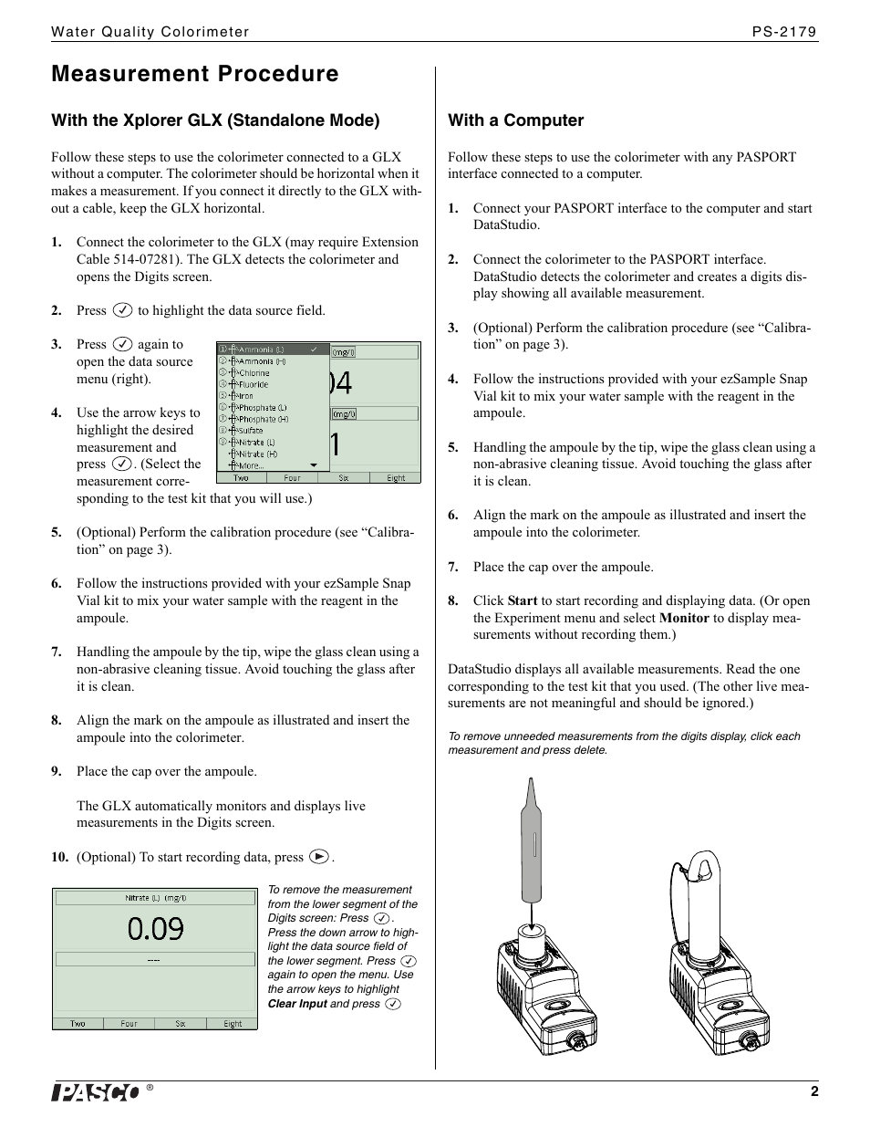 Measurement procedure | PASCO PS-2179 Water Quality Colorimeter User Manual | Page 2 / 3