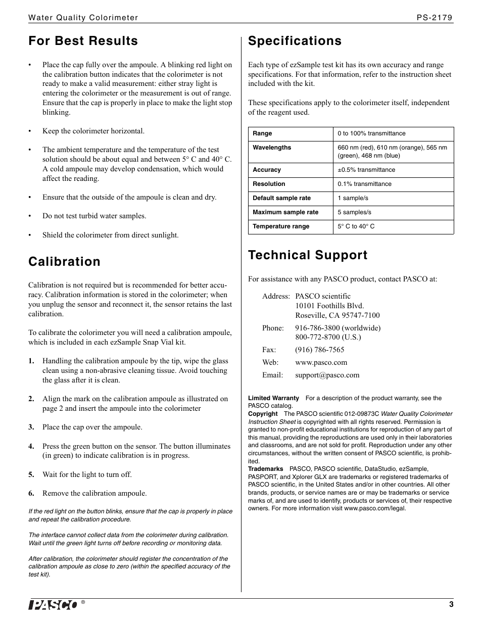 Procedure (see “calibra, For best results, Calibration | Specifications, Technical support | PASCO PS-2179 Water Quality Colorimeter User Manual | Page 3 / 3