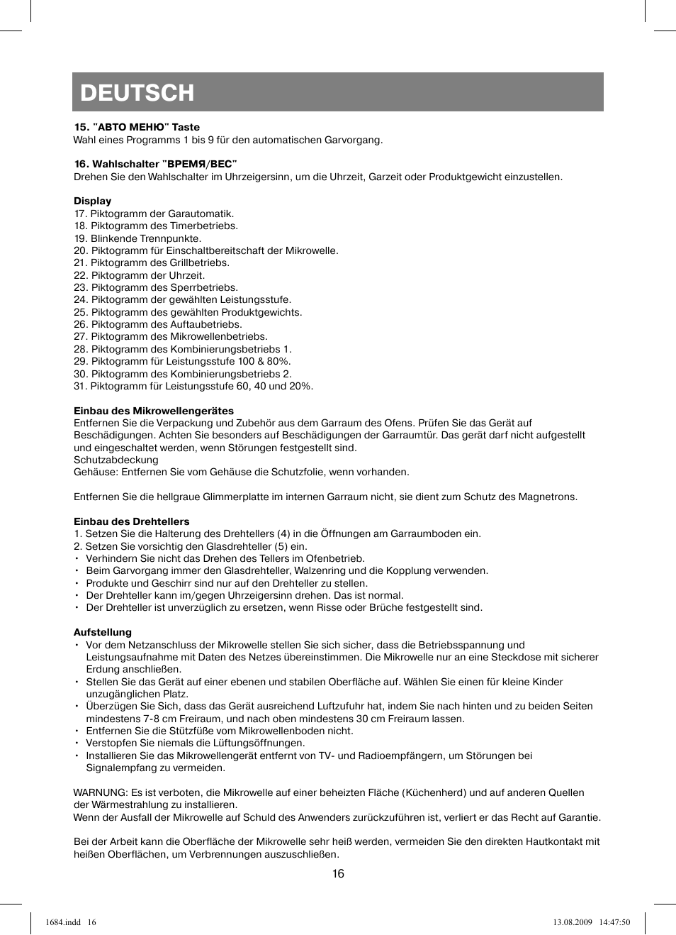 Deutsch | Vitek VT-1684 User Manual | Page 16 / 84