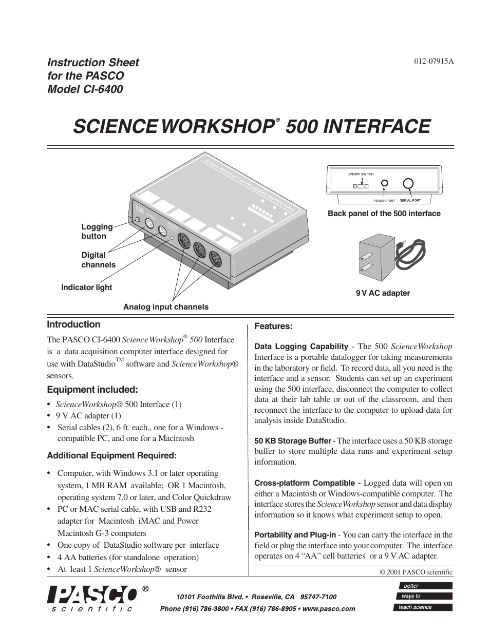 PASCO CI-6400 SCIENCEWORKSHOP 500 INTERFACE User Manual | 7 pages