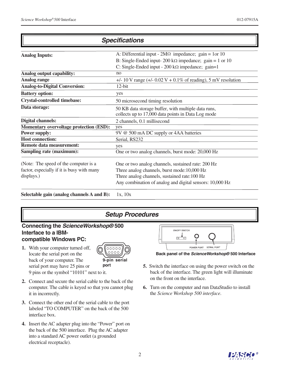 Specifications setup procedures | PASCO CI-6400 SCIENCEWORKSHOP 500 INTERFACE User Manual | Page 2 / 7