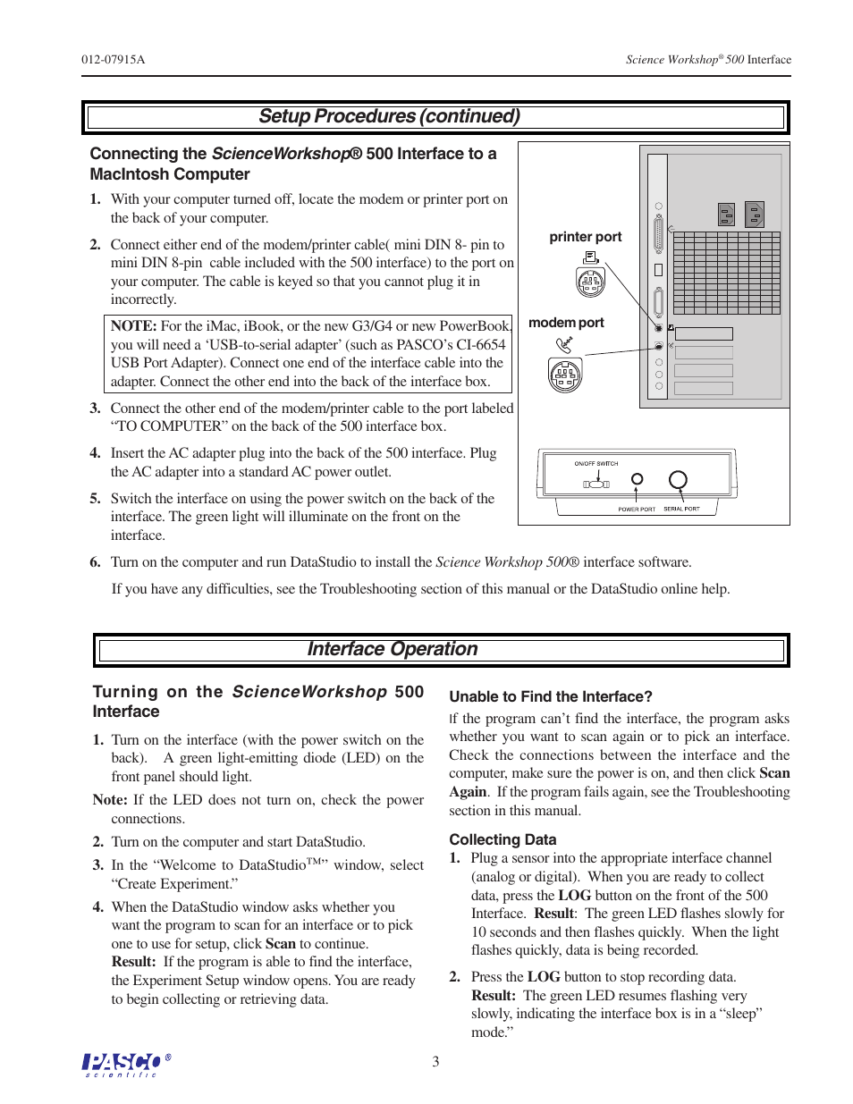 Interface operation, Setup procedures (continued) | PASCO CI-6400 SCIENCEWORKSHOP 500 INTERFACE User Manual | Page 3 / 7