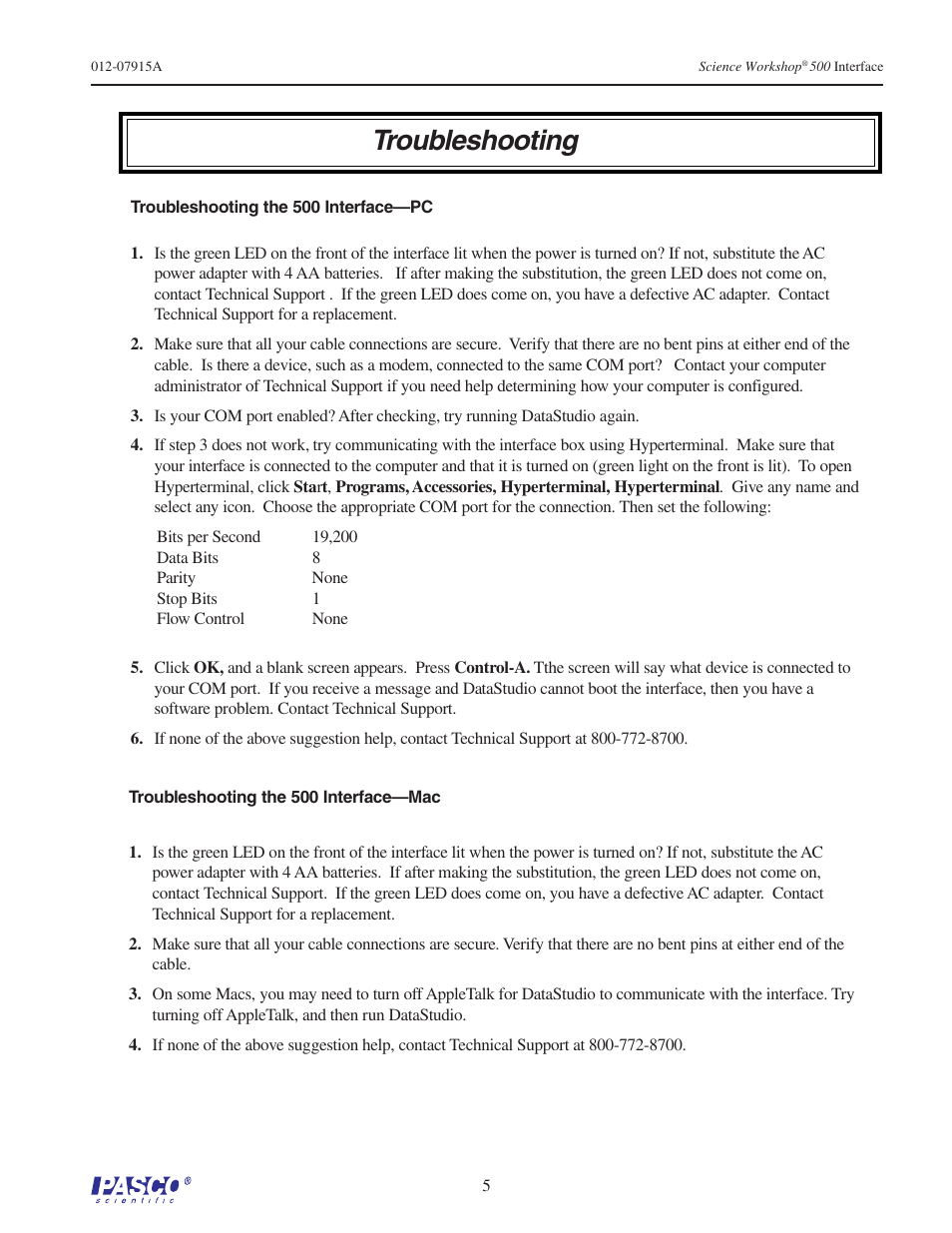 Troubleshooting | PASCO CI-6400 SCIENCEWORKSHOP 500 INTERFACE User Manual | Page 5 / 7