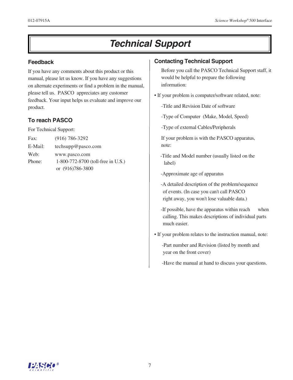 Technical support | PASCO CI-6400 SCIENCEWORKSHOP 500 INTERFACE User Manual | Page 7 / 7