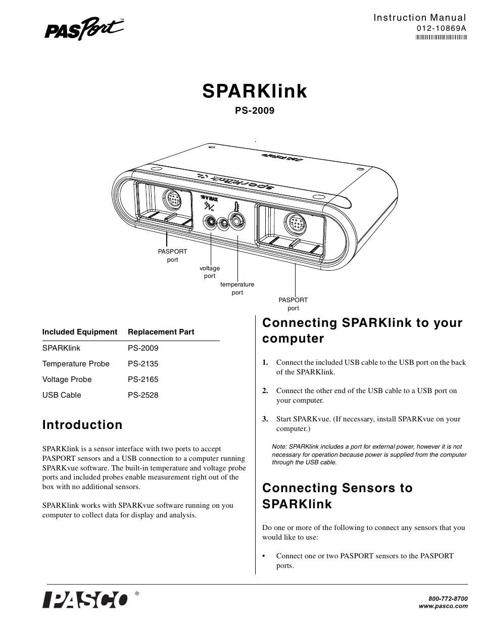PASCO PS-2009 SPARKlink User Manual | 2 pages