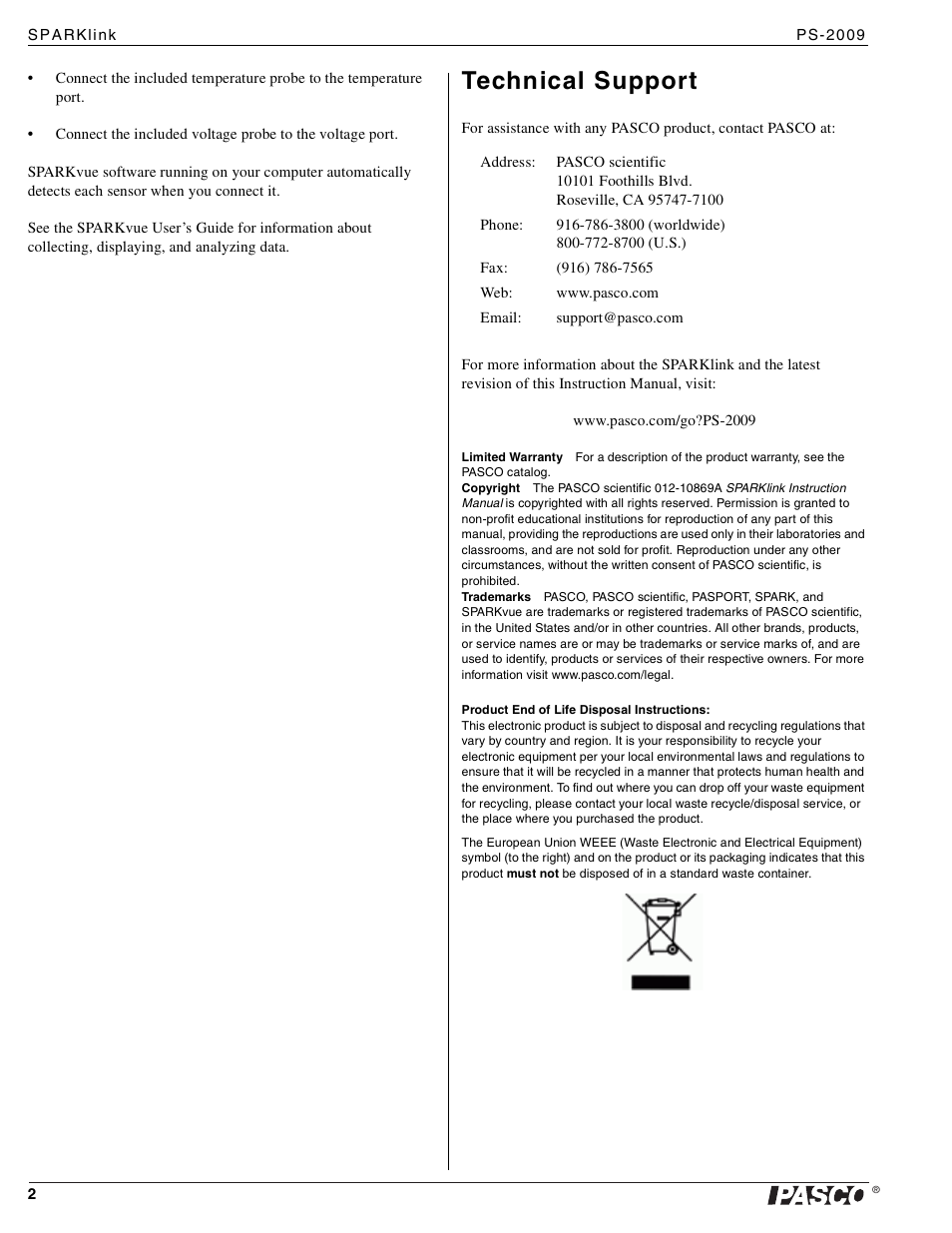 Technical support | PASCO PS-2009 SPARKlink User Manual | Page 2 / 2