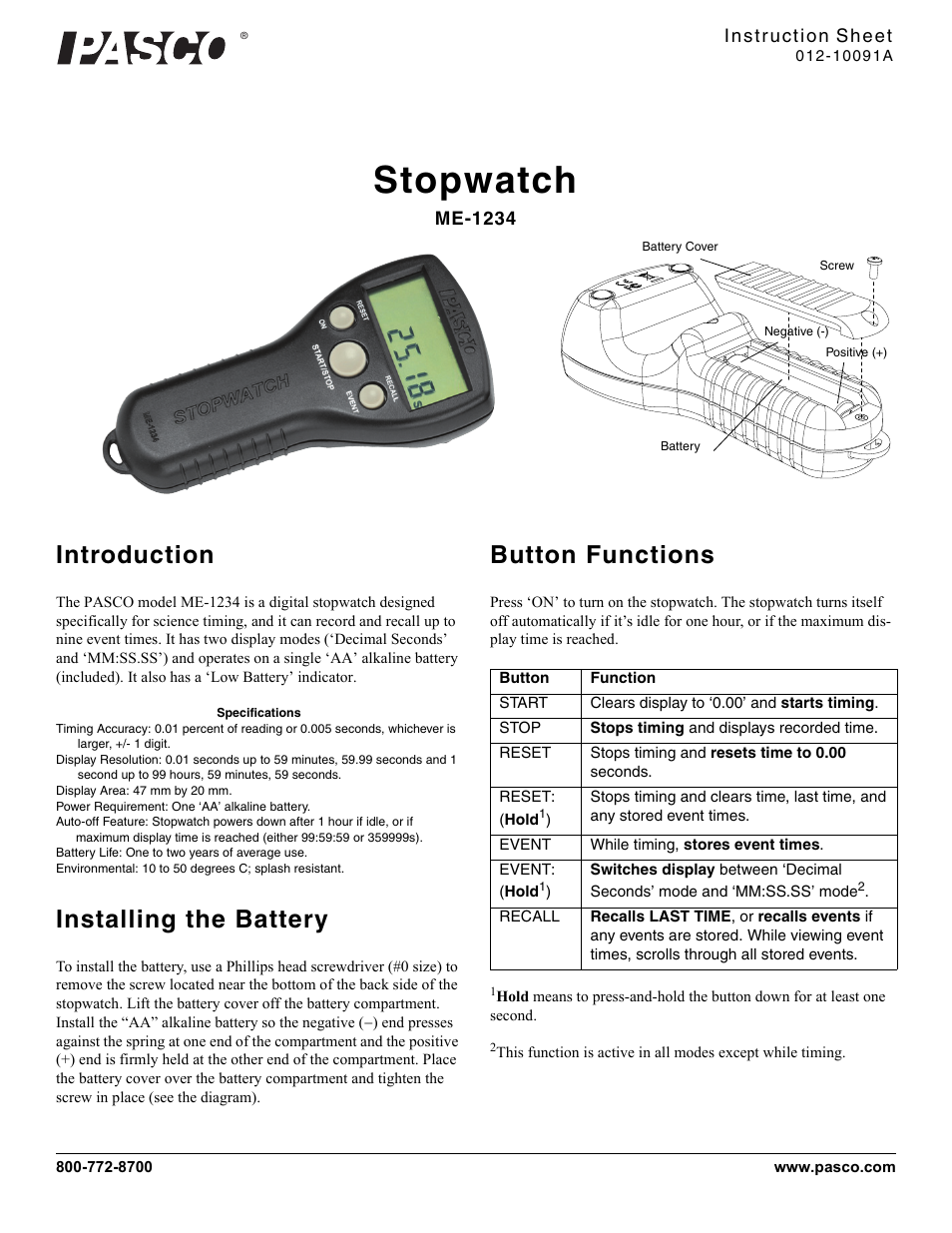 PASCO ME-1234 Stopwatch User Manual | 2 pages