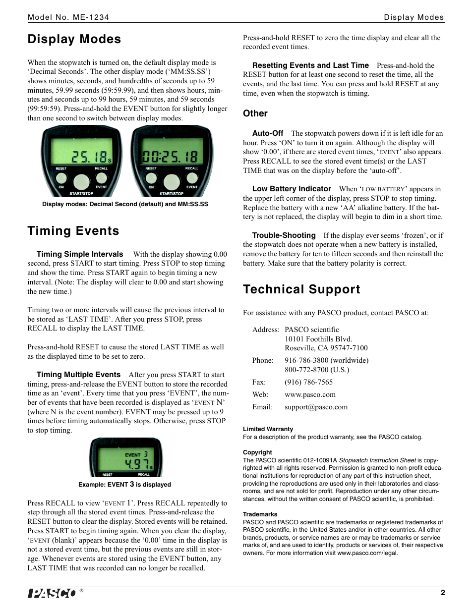 Display modes, Timing events, Technical support | PASCO ME-1234 Stopwatch User Manual | Page 2 / 2