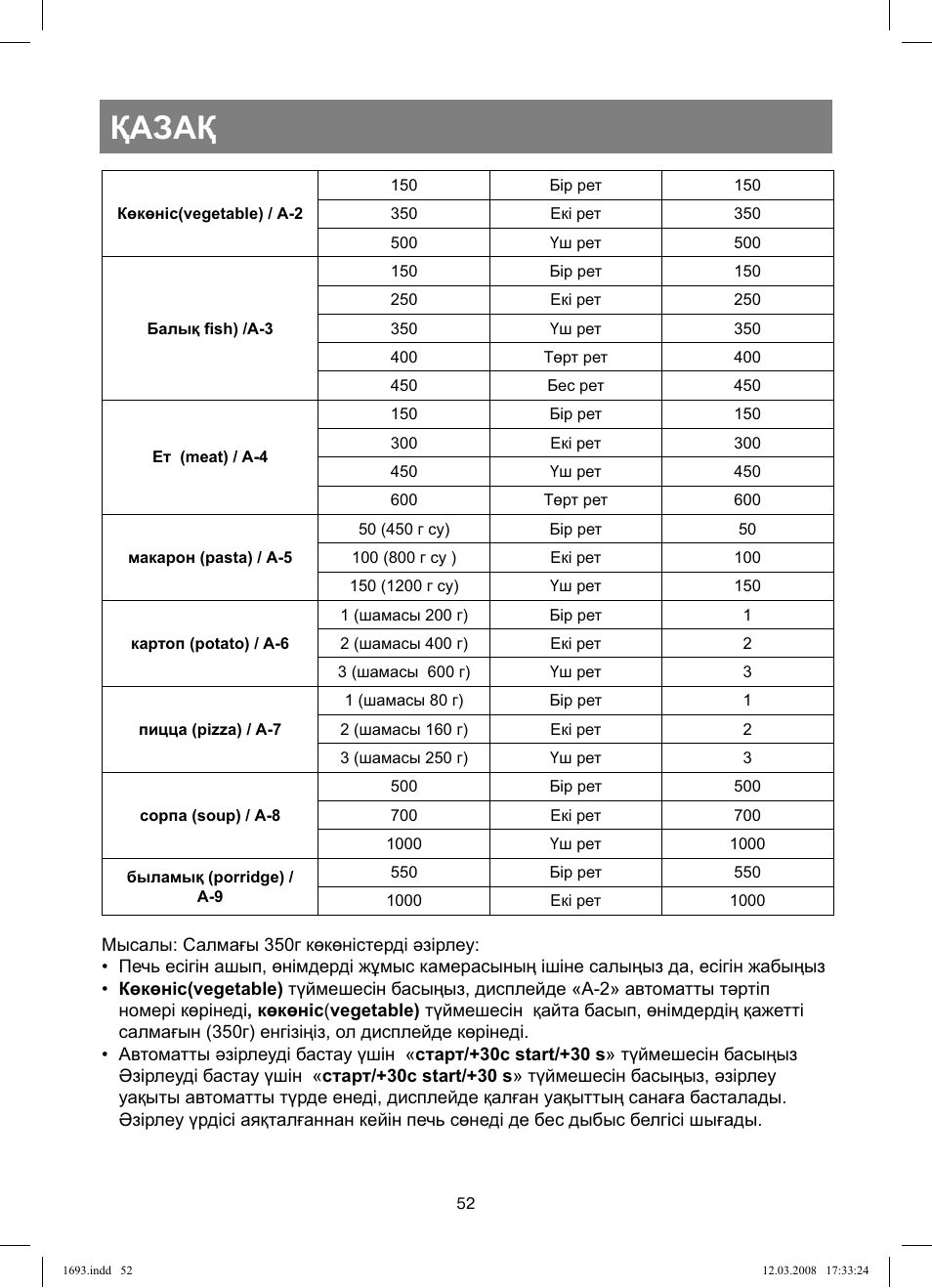 Қазақ | Vitek VT-1693 User Manual | Page 52 / 124