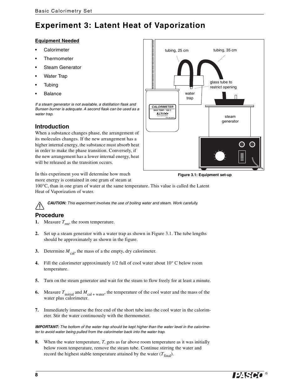 Experiment 3: latent heat of vaporization, Introduction, Procedure | PASCO TD-8557 Basic Calorimetry Set User Manual | Page 10 / 14