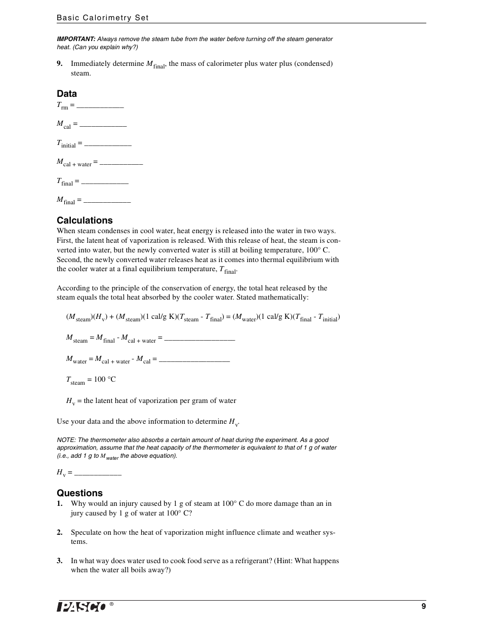 Data, Calculations, Questions | PASCO TD-8557 Basic Calorimetry Set User Manual | Page 11 / 14