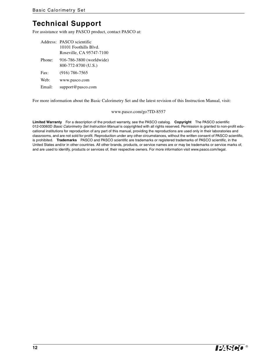 Technical support | PASCO TD-8557 Basic Calorimetry Set User Manual | Page 14 / 14