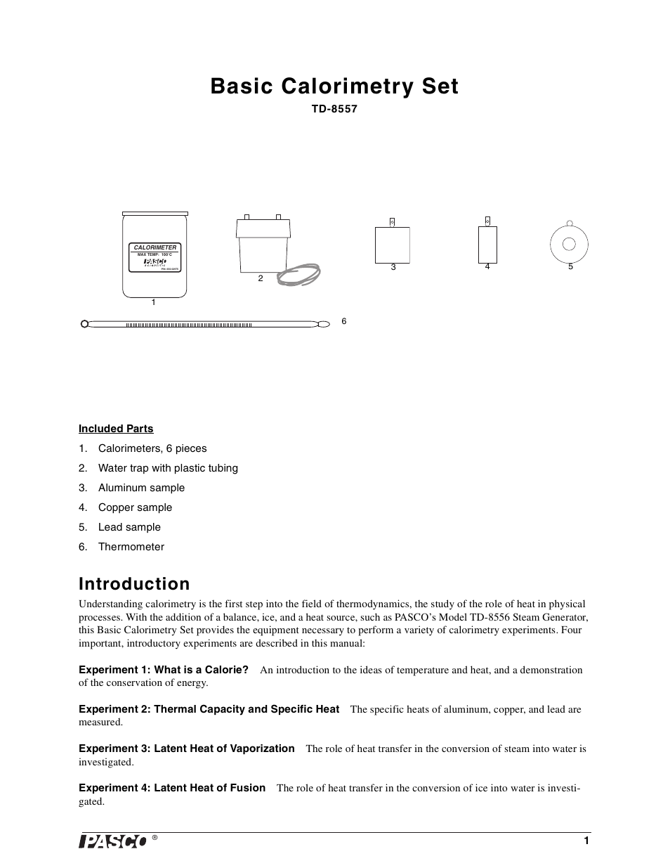 Introduction, Basic calorimetry set | PASCO TD-8557 Basic Calorimetry Set User Manual | Page 3 / 14