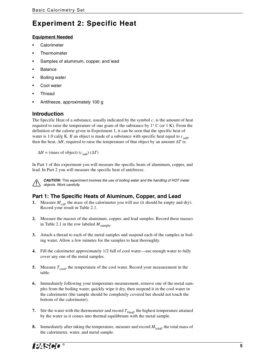 Experiment 2: specific heat | PASCO TD-8557 Basic Calorimetry Set User Manual | Page 7 / 14