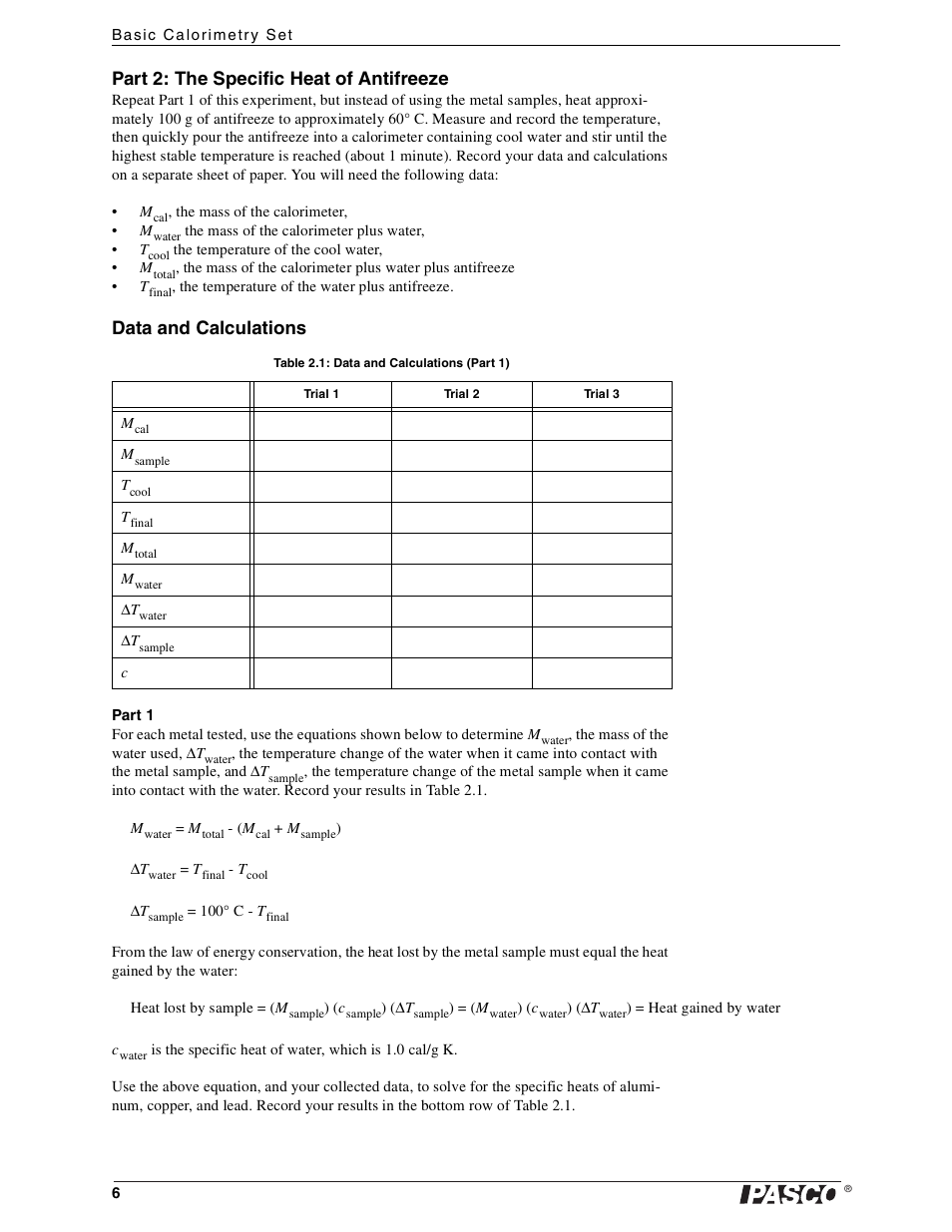 Part 2: the specific heat of antifreeze, Data and calculations | PASCO TD-8557 Basic Calorimetry Set User Manual | Page 8 / 14