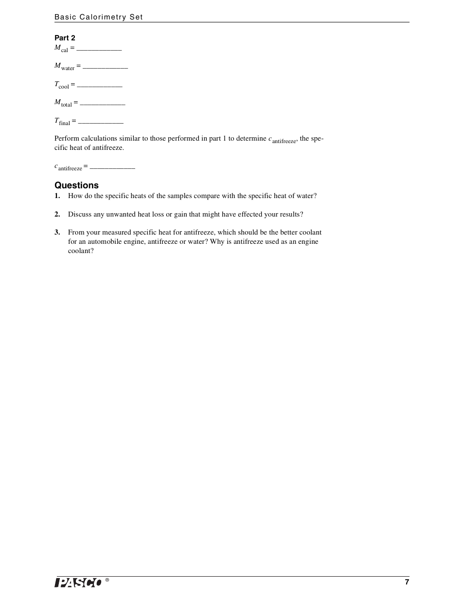 Questions | PASCO TD-8557 Basic Calorimetry Set User Manual | Page 9 / 14