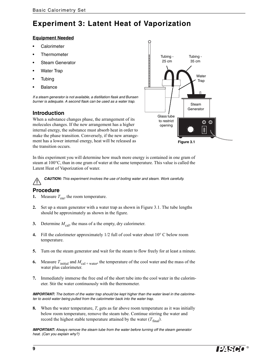 Experiment 3: latent heat of vaporization, Introduction, Procedure | PASCO TD-8557A Basic Calorimetry Set User Manual | Page 11 / 15