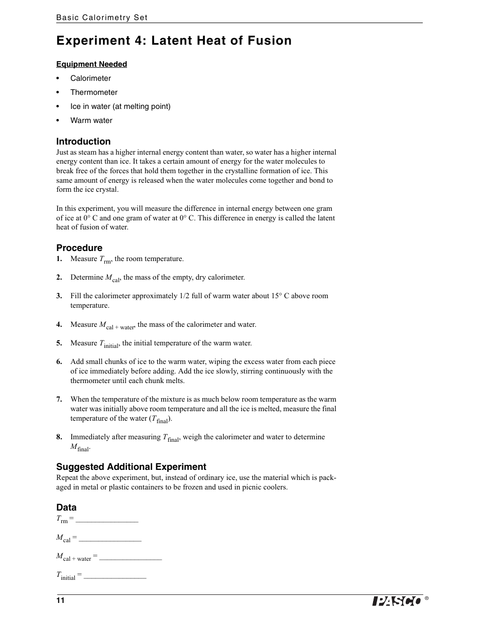 Experiment 4: latent heat of fusion | PASCO TD-8557A Basic Calorimetry Set User Manual | Page 13 / 15