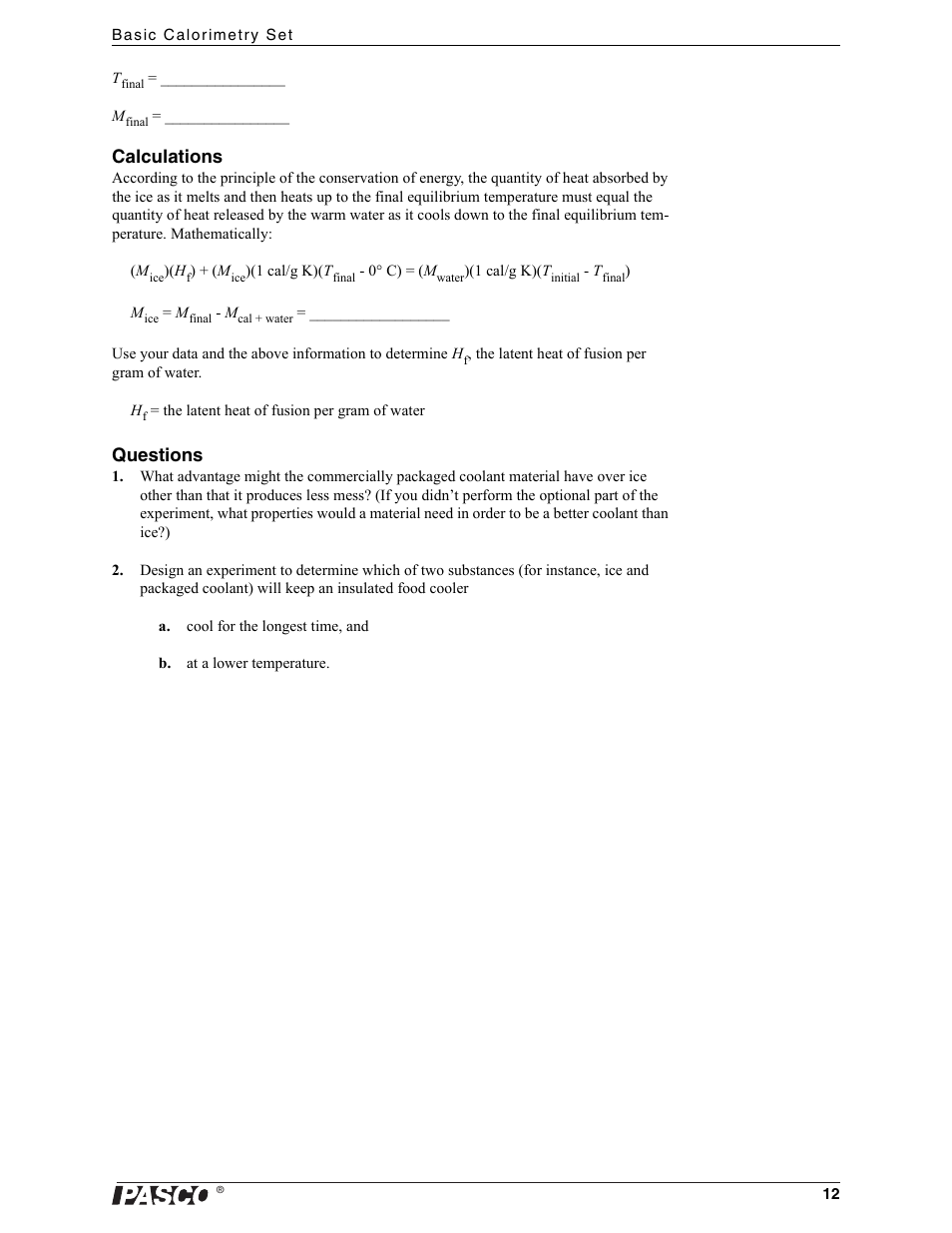 Calculations, Questions | PASCO TD-8557A Basic Calorimetry Set User Manual | Page 14 / 15