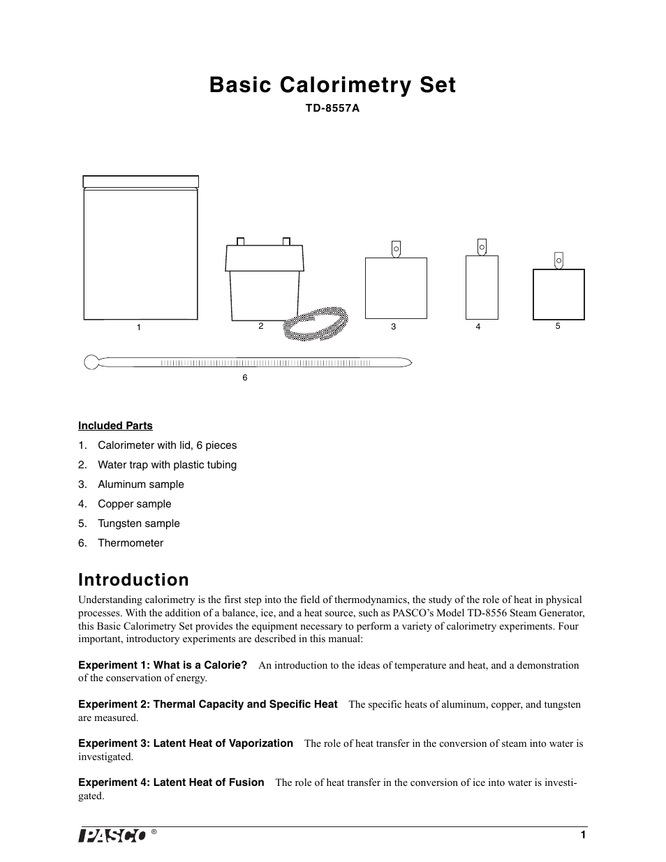 Introduction, Basic calorimetry set | PASCO TD-8557A Basic Calorimetry Set User Manual | Page 3 / 15