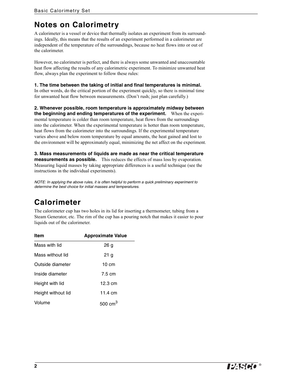 Notes on calorimetry, Calorimeter | PASCO TD-8557A Basic Calorimetry Set User Manual | Page 4 / 15