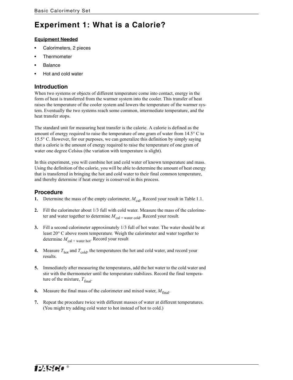 Experiment 1: what is a calorie | PASCO TD-8557A Basic Calorimetry Set User Manual | Page 5 / 15