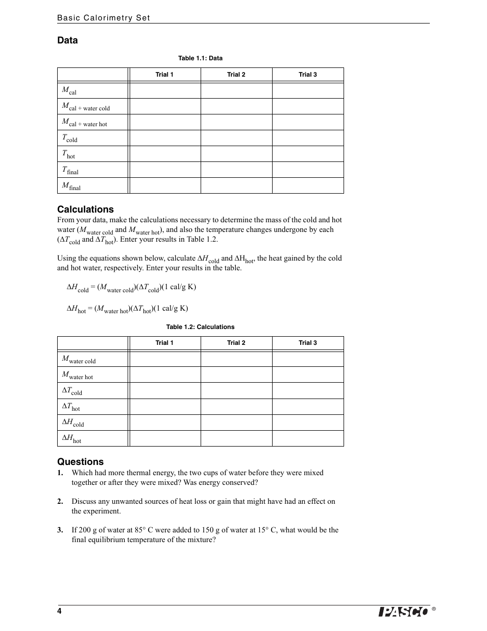 Data calculations, Questions | PASCO TD-8557A Basic Calorimetry Set User Manual | Page 6 / 15