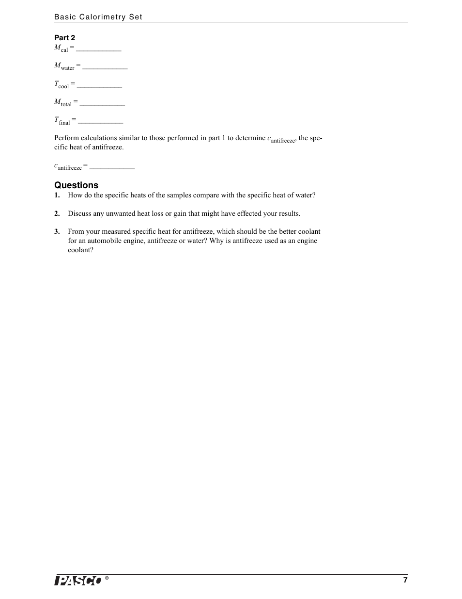 Questions | PASCO TD-8557A Basic Calorimetry Set User Manual | Page 9 / 15