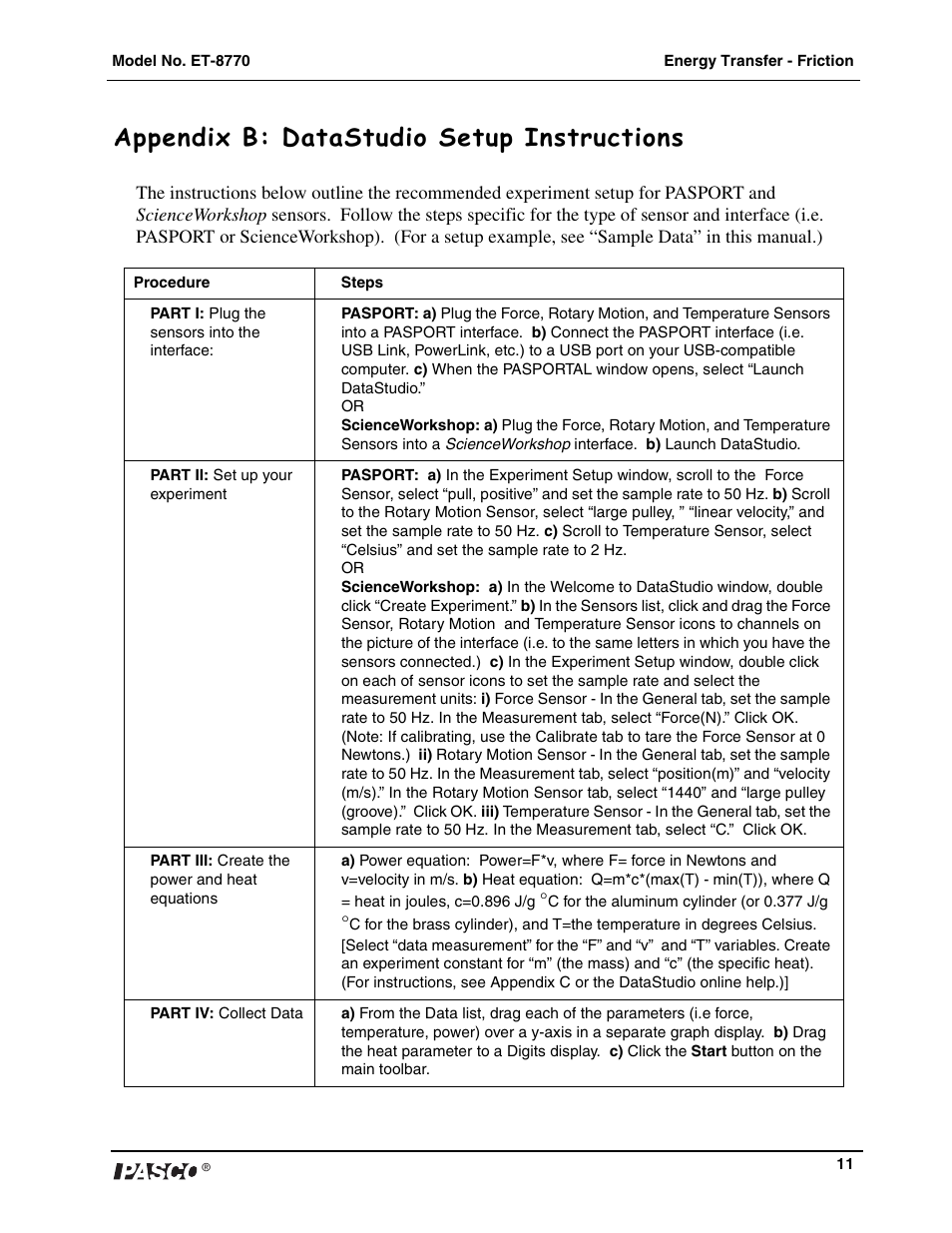 Appendix b: datastudio setup instructions | PASCO ET-8770 Energy-Transfer Friction User Manual | Page 12 / 14