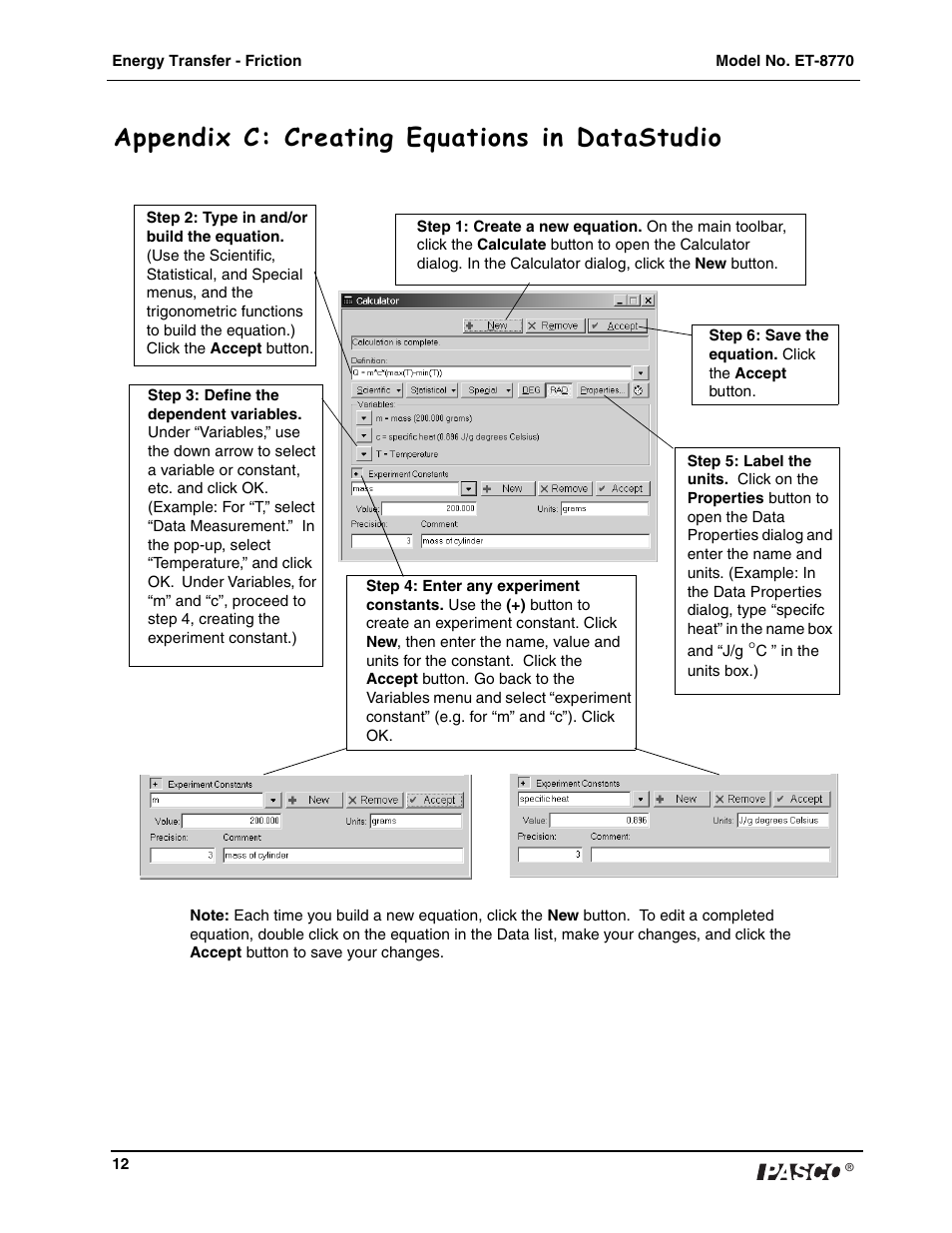 Appendix c: creating equations in datastudio | PASCO ET-8770 Energy-Transfer Friction User Manual | Page 13 / 14