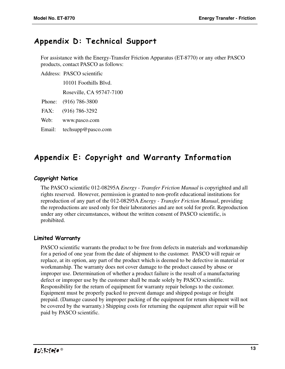 Appendix d: technical support, Appendix e: copyright and warranty information | PASCO ET-8770 Energy-Transfer Friction User Manual | Page 14 / 14