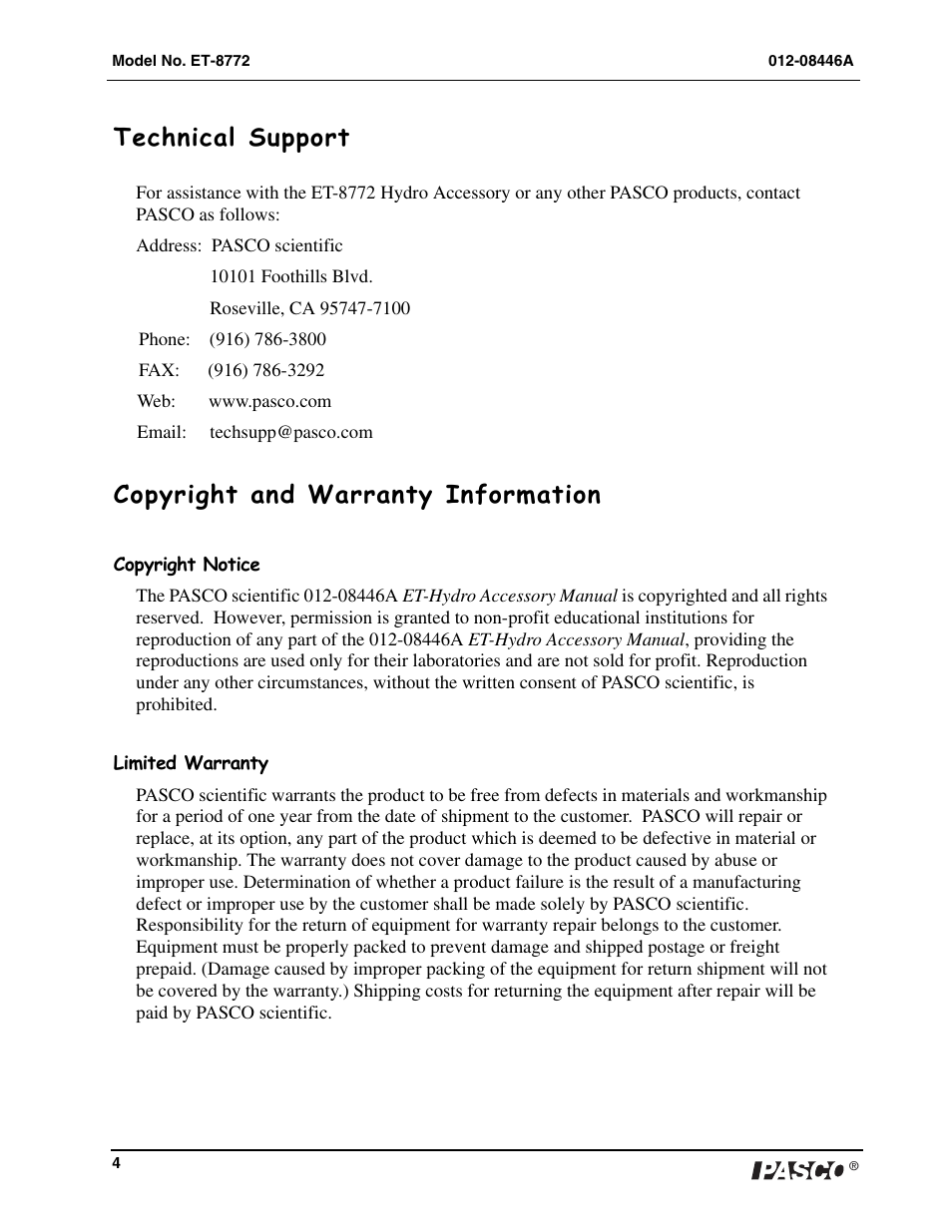 Technical support, Copyright and warranty information | PASCO ET-8772 Energy Transfer - Hydro Accessory User Manual | Page 4 / 4