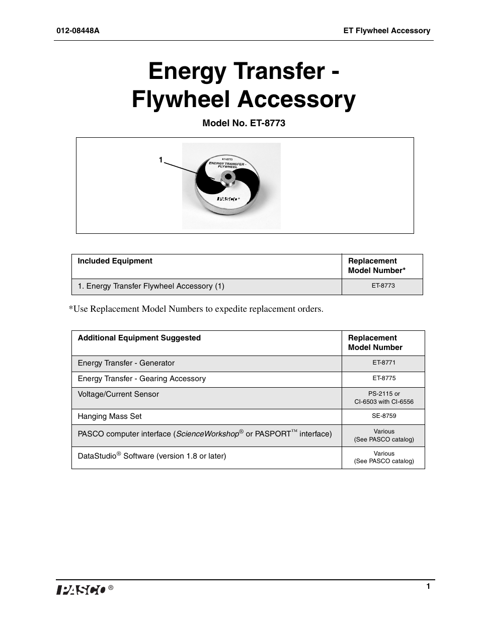 PASCO ET-8773 Energy Transfer - Flywheel Accessory User Manual | 2 pages