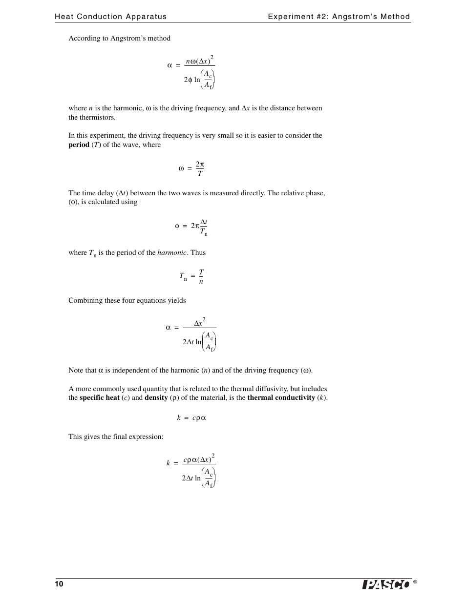 PASCO TD-8513 Heat Conduction Apparatus User Manual | Page 10 / 18