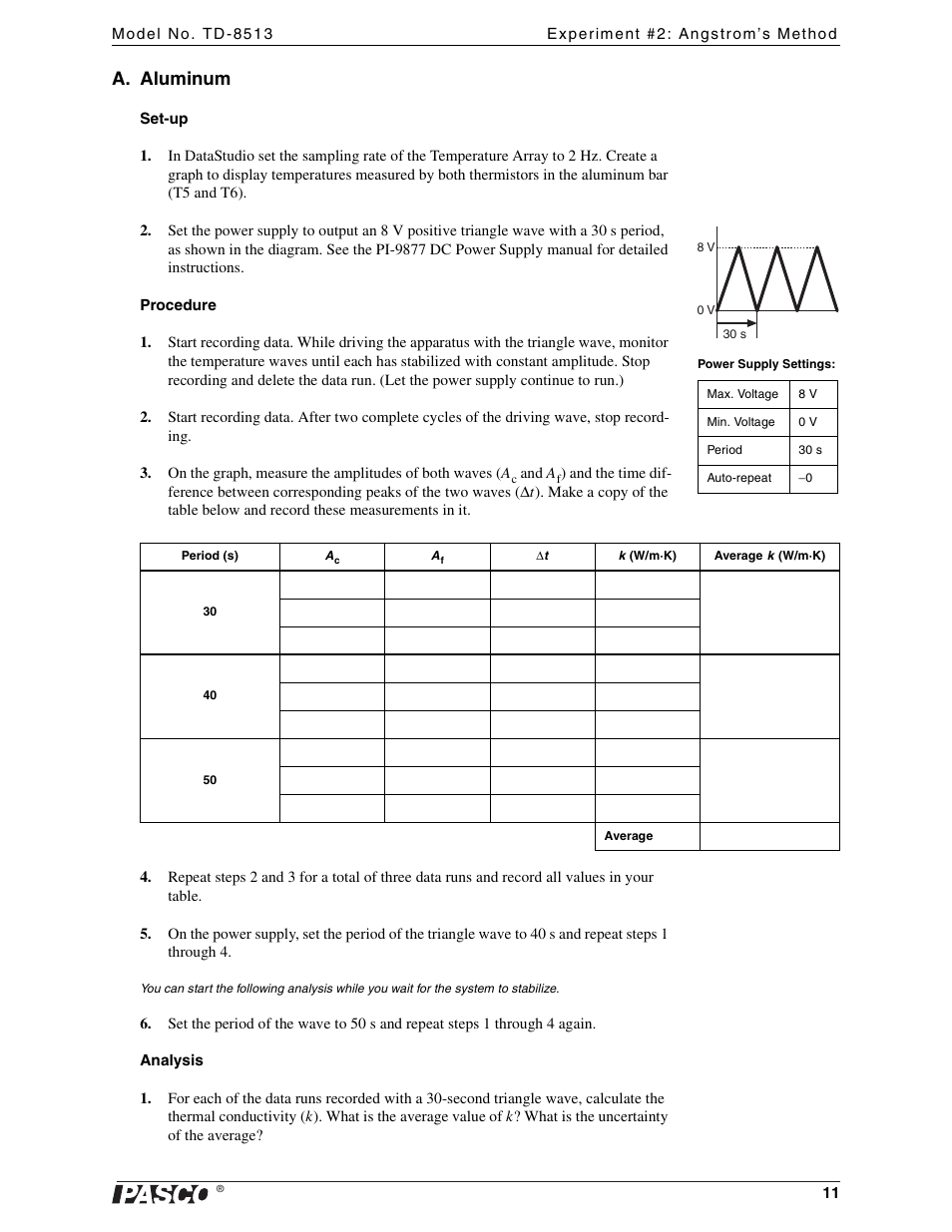 A. aluminum | PASCO TD-8513 Heat Conduction Apparatus User Manual | Page 11 / 18