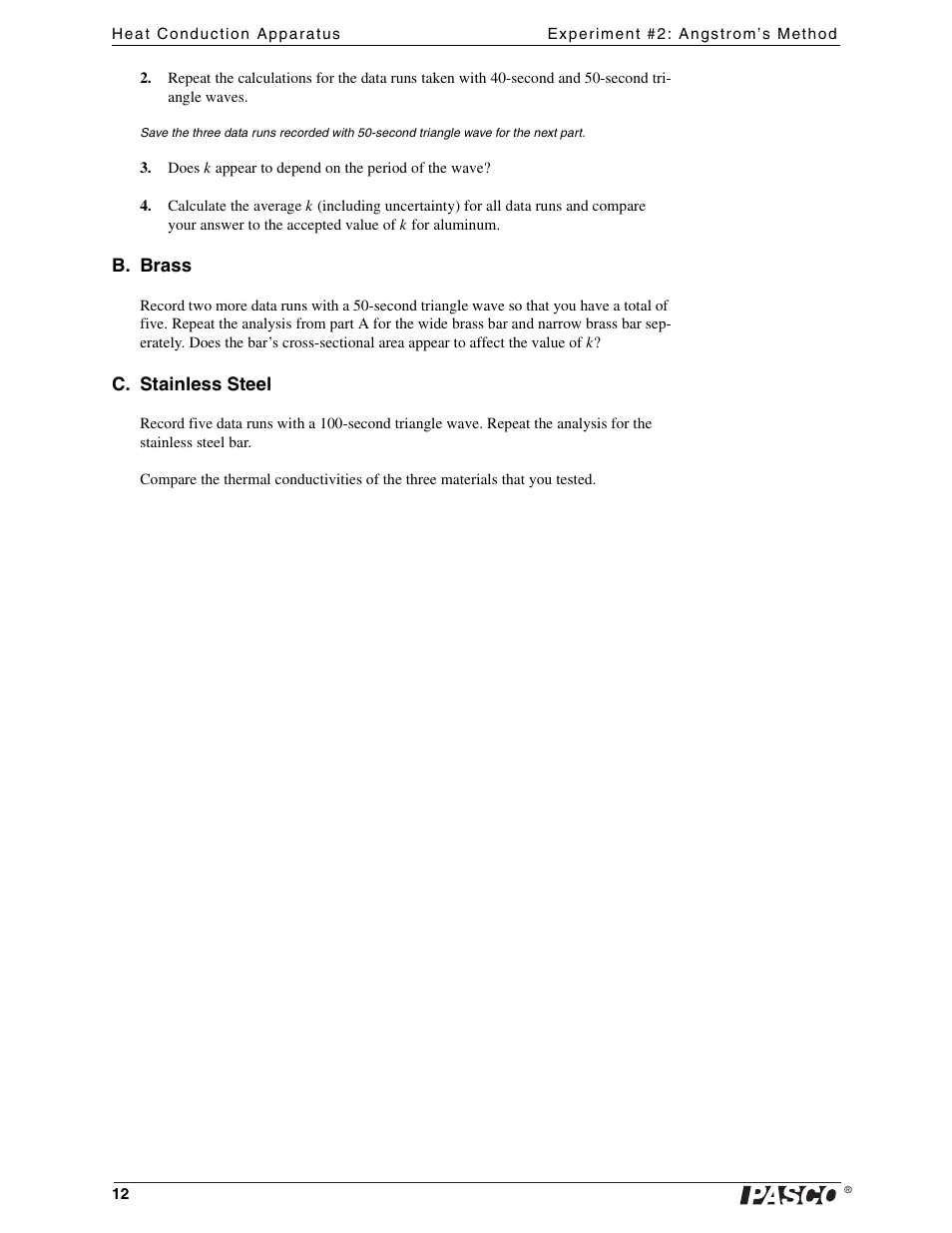 PASCO TD-8513 Heat Conduction Apparatus User Manual | Page 12 / 18