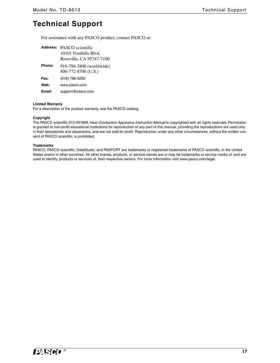 Technical support, Limited warranty, Copyright | Trademarks | PASCO TD-8513 Heat Conduction Apparatus User Manual | Page 17 / 18