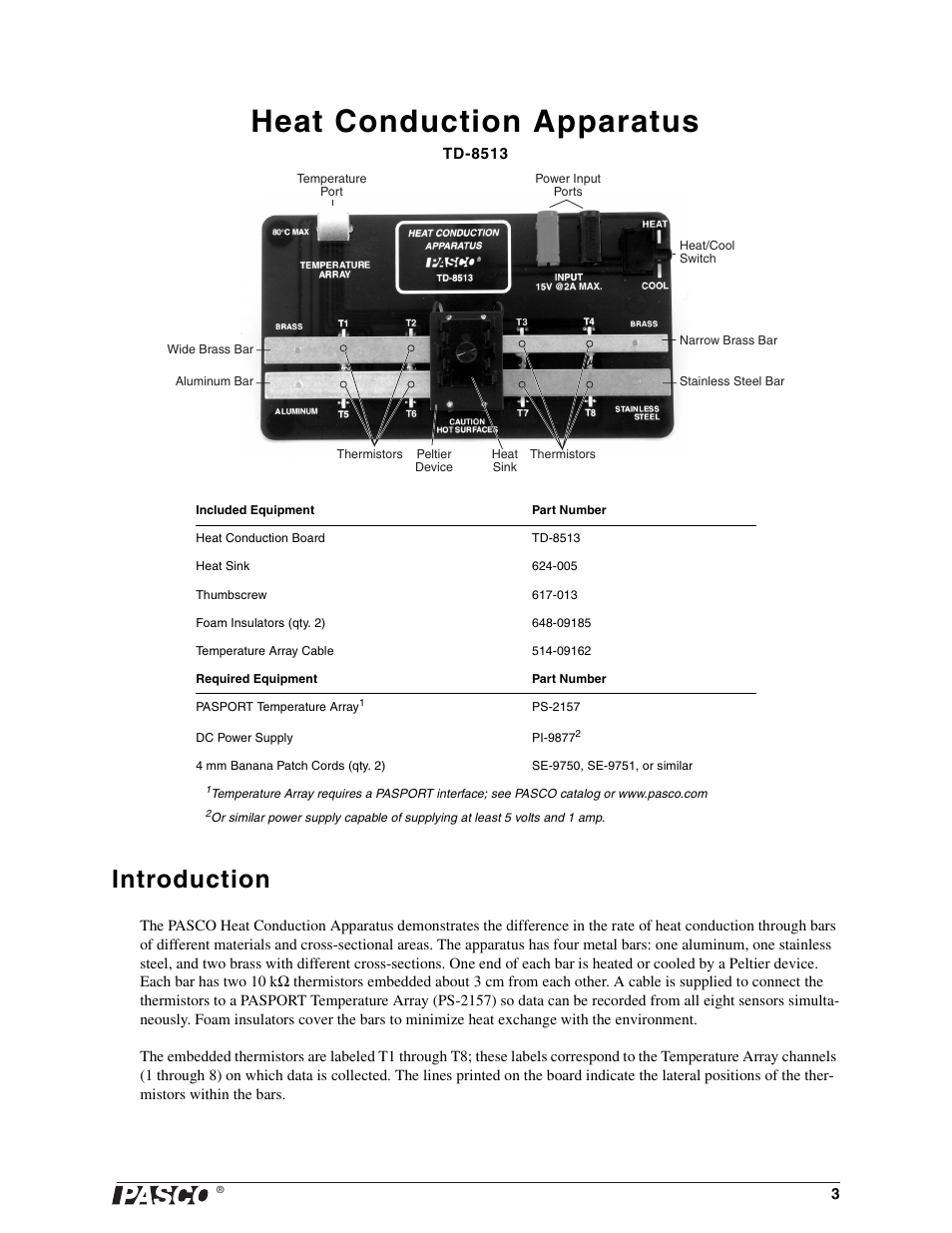 Introduction, Heat conduction apparatus | PASCO TD-8513 Heat Conduction Apparatus User Manual | Page 3 / 18