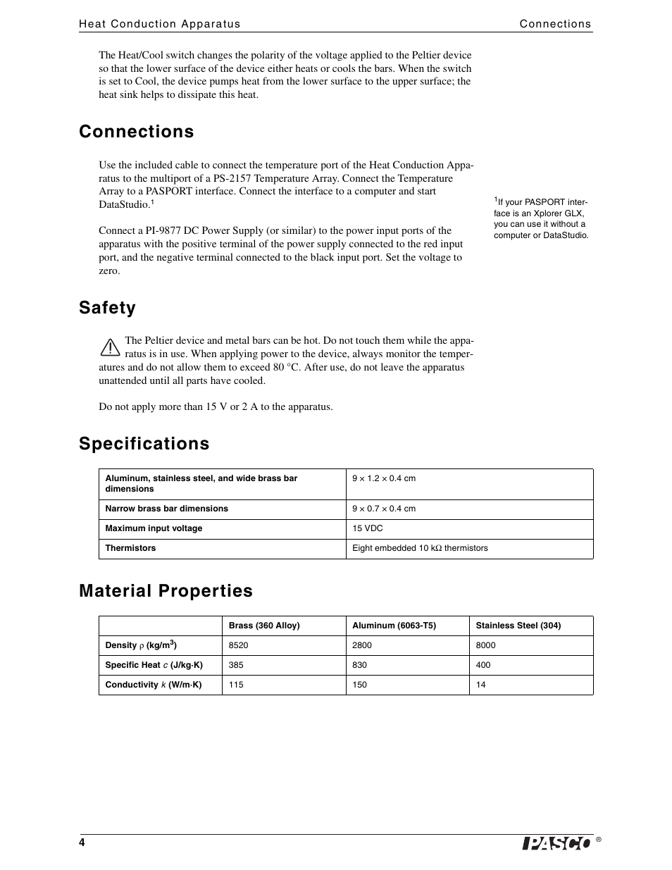 Connections, Safety, Specifications | Material properties, Specifications material properties | PASCO TD-8513 Heat Conduction Apparatus User Manual | Page 4 / 18