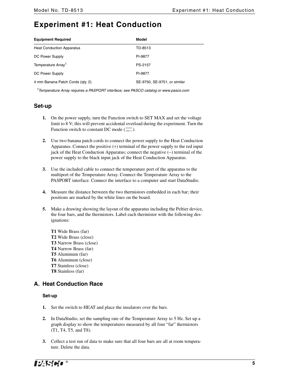 Experiment #1: heat conduction, Set-up, A. heat conduction race | PASCO TD-8513 Heat Conduction Apparatus User Manual | Page 5 / 18