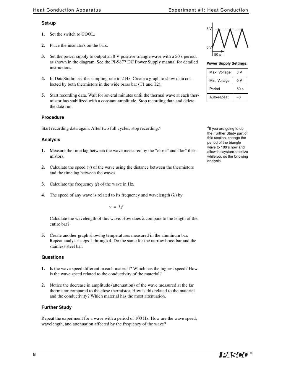 PASCO TD-8513 Heat Conduction Apparatus User Manual | Page 8 / 18