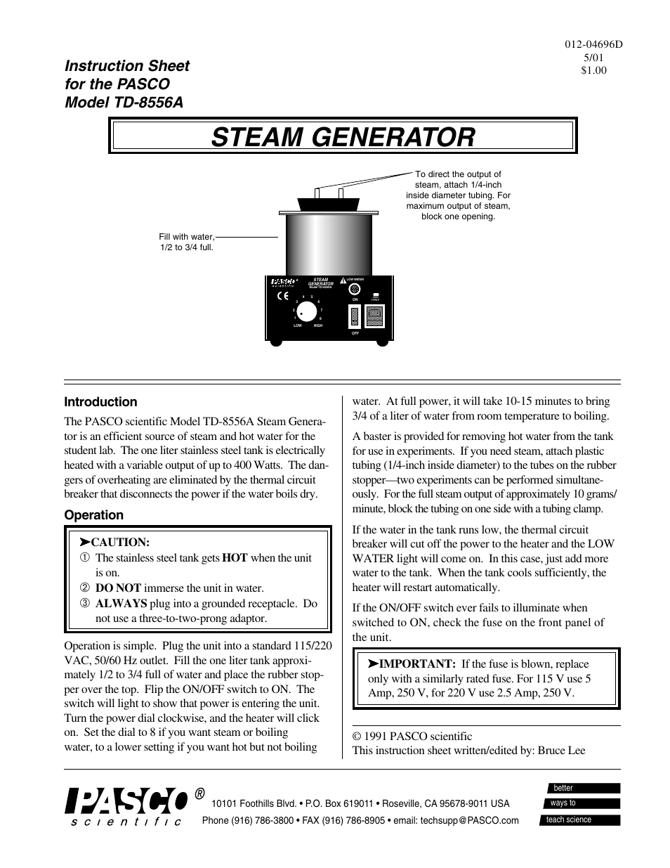 PASCO TD-8556A STEAM GENERATOR User Manual | 1 page