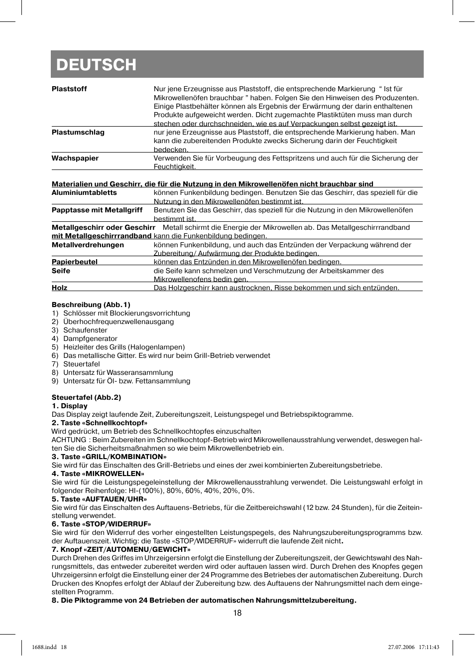 Deutsch | Vitek VT-1688 Capella User Manual | Page 18 / 132