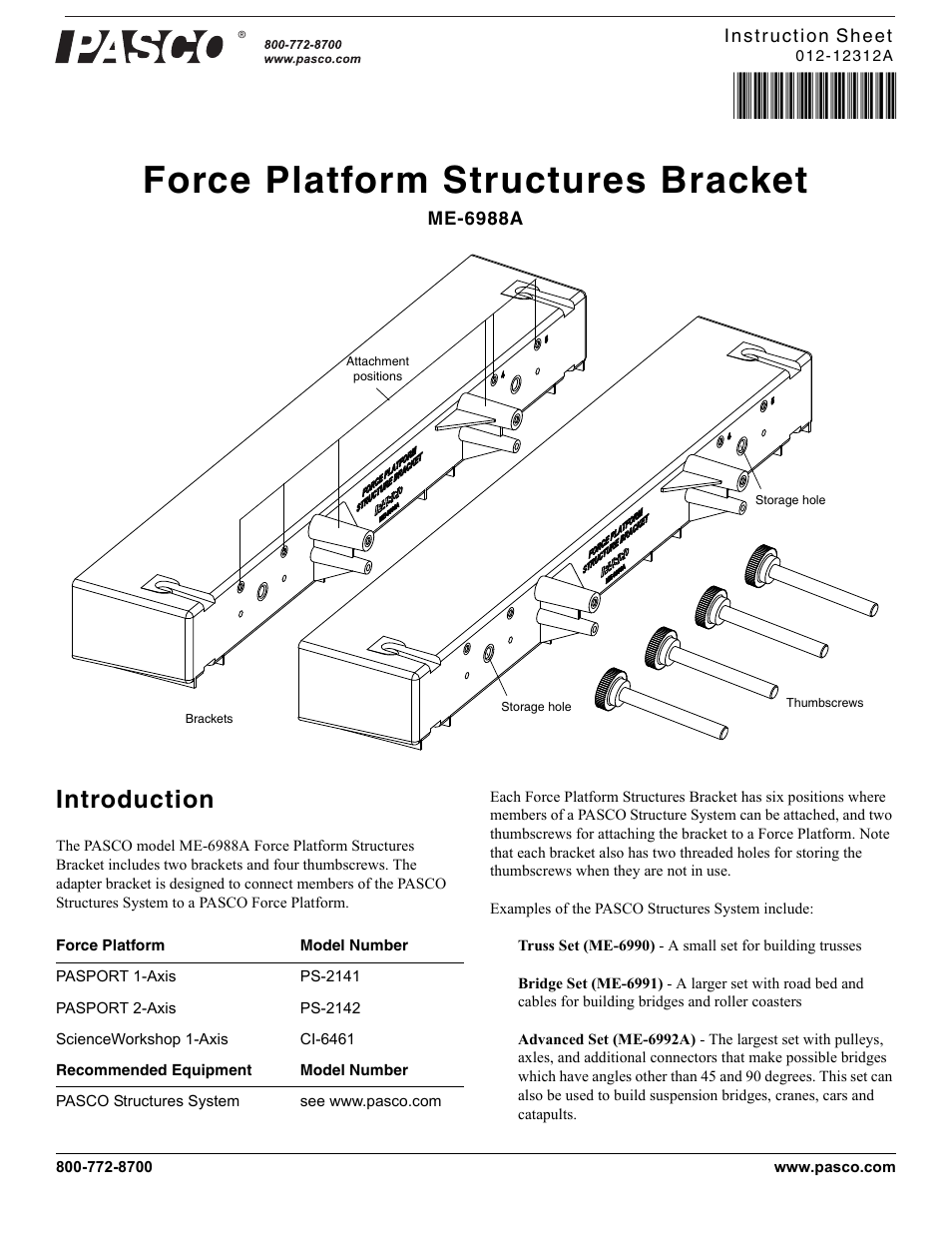 PASCO ME-6988A Force Platform Structures Bracket User Manual | 3 pages