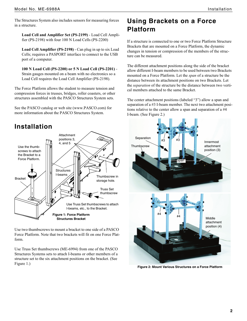 Installation, Using brackets on a force platform | PASCO ME-6988A Force Platform Structures Bracket User Manual | Page 2 / 3