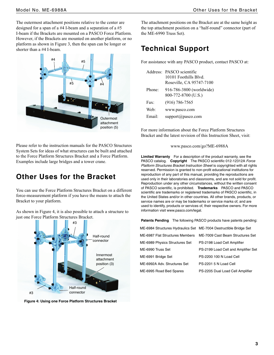 Other uses for the bracket, Technical support | PASCO ME-6988A Force Platform Structures Bracket User Manual | Page 3 / 3