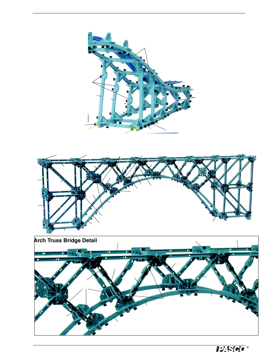 Arched causeway bridge detail 2, Arch truss bridge, Arch truss bridge detail | PASCO ME-6992B Advanced Structures Set User Manual | Page 46 / 58